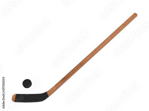 Wooden hockey stick with puck 3d rendering