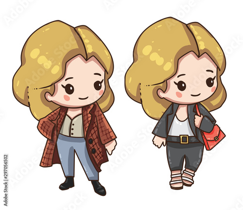Vector illustration of business girl, secretary  or teacher in formal suit. Cute chibi character isolated on white background. Cartoon girl in different clothes.