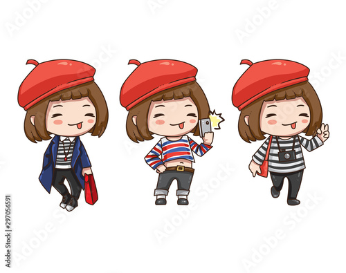 Vector illustration of cute chibi character isolated on white background. The cartoon girl traveler in red beret with camera. Girl in different pose and clothes.