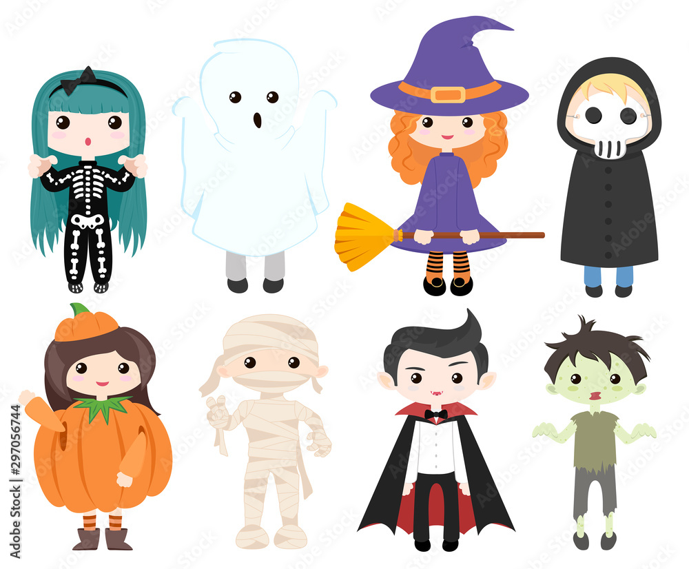 Set of children in Halloween costumes. Skeleton, witch, zombie, death, ghost, mummy, pumpkin and vampire Set of children in Halloween costumes. Skeleton, witch, zombie, death, ghost, mummy, pumpkin and vampire