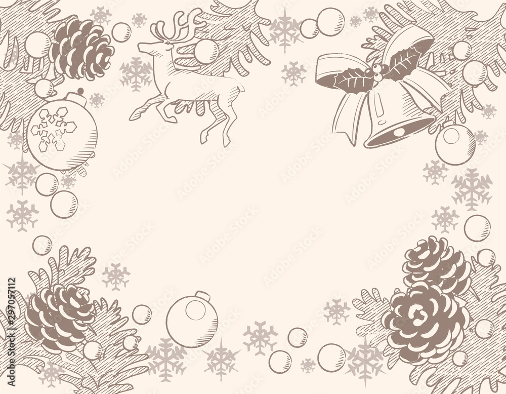 Christmas themed b background with pine branches and decorative items. Vintage style. Vector illustration.