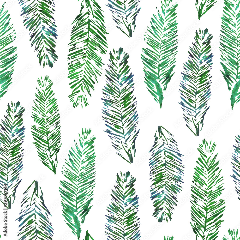 Pattern seamless with green branches fir tree, pine, on white background, for material, postcards, invitations,  Christmas, clothes, paper, holiday, wallpaper, textile.Painted in watercolor