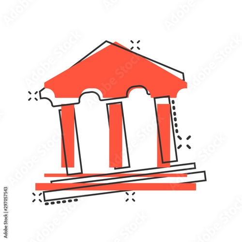 Bank building icon in comic style. Government architecture vector cartoon illustration pictogram. Museum business concept splash effect.