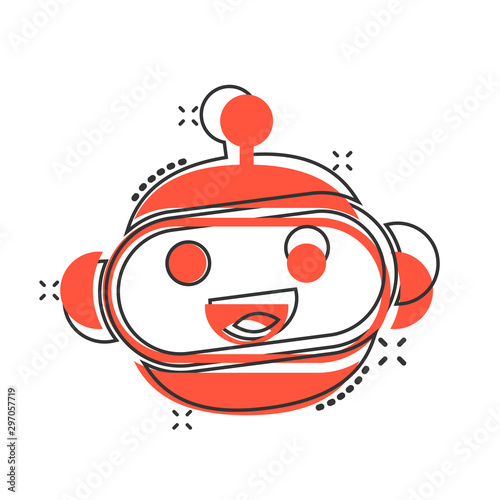 Cute robot chatbot icon in comic style. Bot operator vector cartoon illustration pictogram splash effect.