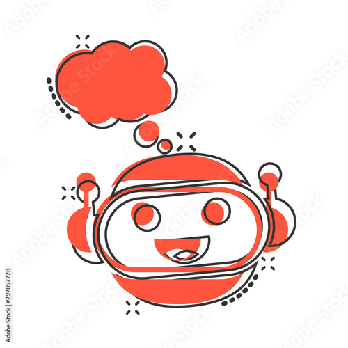 Cute robot chatbot icon in comic style. Bot operator vector cartoon illustration pictogram splash effect.