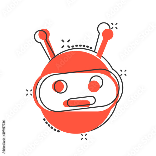 Cute robot chatbot icon in comic style. Bot operator vector cartoon illustration pictogram splash effect.