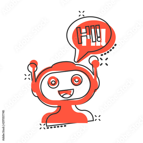 Cute robot chatbot icon in comic style. Bot operator vector cartoon illustration pictogram splash effect.