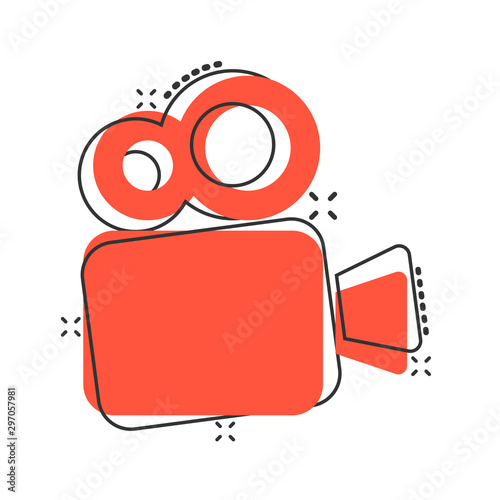 Video camera icon in comic style. Movie play vector cartoon illustration pictogram. Streaming business concept splash effect.