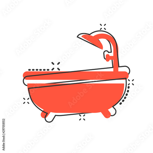 Bath shower icon in comic style. Bathroom hygiene vector cartoon illustration pictogram splash effect.