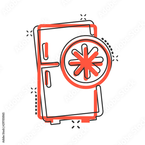 Fridge refrigerator icon in comic style. Freezer container vector cartoon illustration pictogram splash effect.
