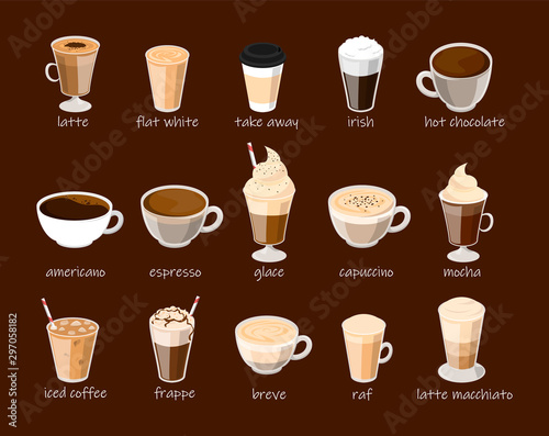 Coffee cup set vector isolated. Capuccino, latte, frappe