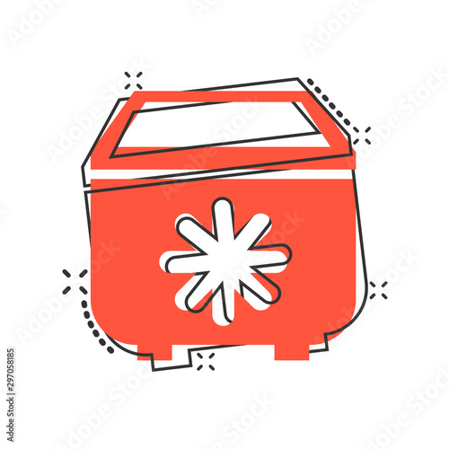 Fridge refrigerator icon in comic style. Freezer container vector cartoon illustration pictogram splash effect.