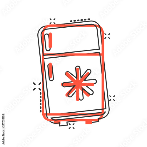 Fridge refrigerator icon in comic style. Freezer container vector cartoon illustration pictogram splash effect.