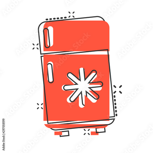 Fridge refrigerator icon in comic style. Freezer container vector cartoon illustration pictogram splash effect.