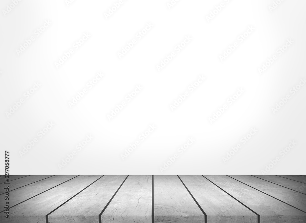 Fototapeta premium Wood table top with concrete wall background. Used for product placement or montage.