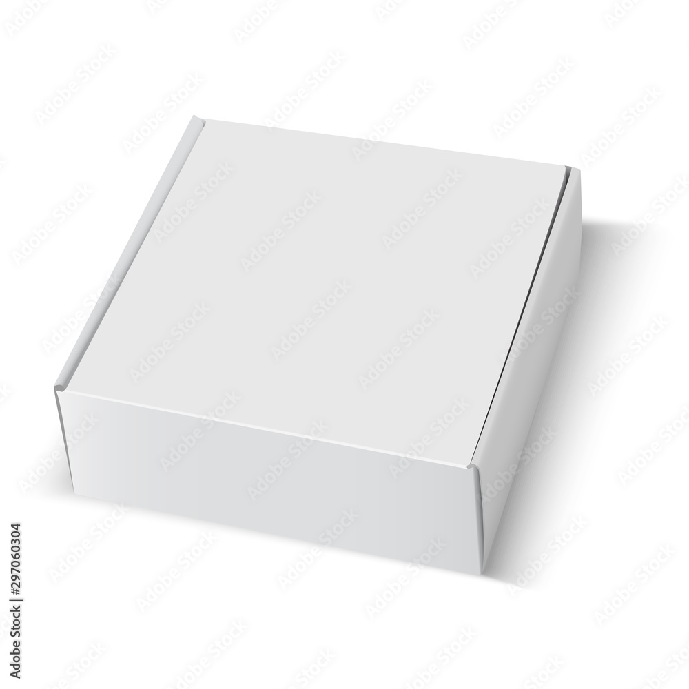 Vecteur Stock Box mockup. White cardboard package square blank. 3d carton  paper closed template design isolated. Fast restaurant food delivery  container illustration. Editable rectangle shape gift packaging | Adobe  Stock