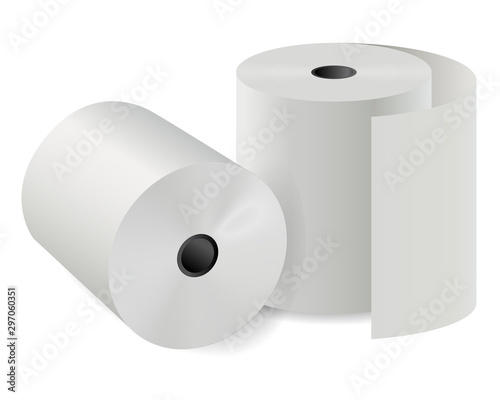 Cash register paper roll. 3d vector thermal cylinder. Fax ir calculator print tape illustration. Toilet paper for hygiene. Tissue payment cheque design set. Realistic shopping cashier list