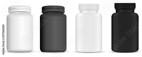 Medicine pill bottle. Vitamin package mockup. Plastic supplement jar 3d vector blank. Pharmaceutical product container isolated on backaground. Pharmacy remedy pack. Realistic vertical drug set