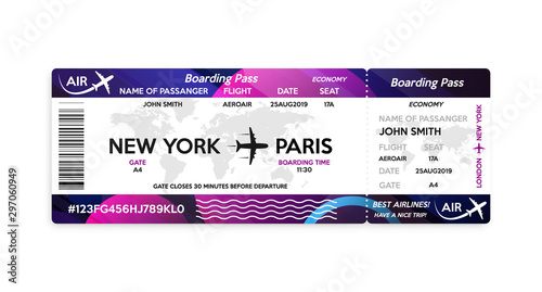 Airplane boarding pass ticket isolated on white background. Concept of travel, journey or business trip. Vector illustration.