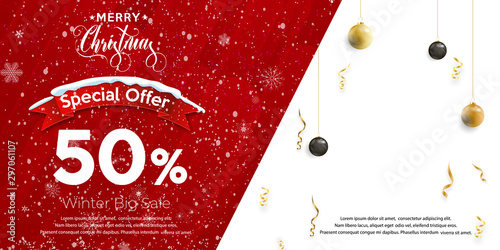 Merry Christmas and Happy New Year. Promotion banner with red ribbon, christmas ball, text and confetti. Shopping template for Christmas. Vector illustration
