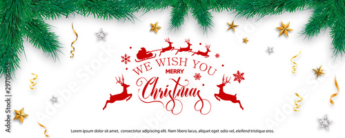 Merry Christmas and Happy New Year. Banner with Christmas tree branches, gold star, confetti and text. Vector illustration.
