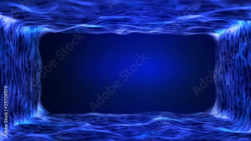 Wave surface gateway of space tunnel portal for future with grid wireframe wall dot line and circle swirl with door for digital space galaxy science technology abstract concept with flickering light