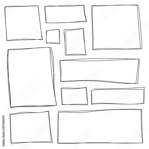 Set of freehand drawn horizontal and vertical rectangles and squares drawn by felt-tip pen. Text box and frames. Vector illustration.