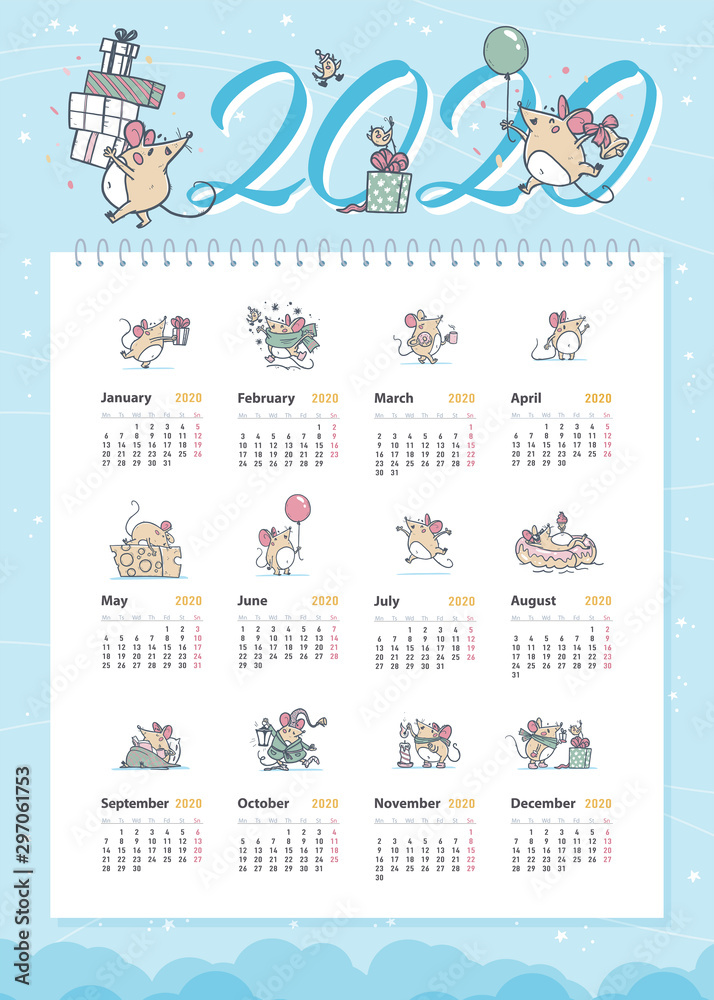 Vector 2020 new year creative monthly calendar for kids with cute funny mice animals characters hand drawn illustrations design template. Pastel colours cards. Desktop, print. Vector 2020 new year creative monthly calendar for kids with cute funny mice animals characters hand drawn illustrations design template. Pastel colours cards. Desktop, print.