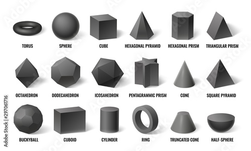 Realistic 3d basic shapes. Sphere shape with shadow, cube geometry and prism model in perspective. Basic geometric hexagonal, cylinder and pyramid forms. Concept isolated vector illustration icons set