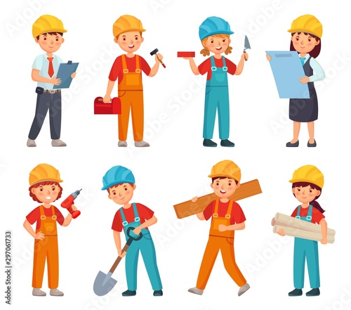 Kids builders. Little boys and girls in builder work suit, children in construction helmet and engineering costumes. Little builders character worker in uniforms cartoon isolated vector icons set