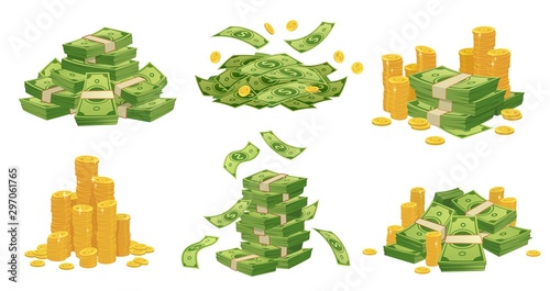 Cartoon money and coins. Green dollar banknotes pile, golden coin and rich. Bank debt bill investment, earnings treasure or jackpot money capital. Isolated vector illustration icons set photo