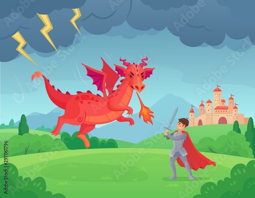 Cartoon fairytale knight fights dragon. Swordsman fighting evil monster, hero battle with dragons medieval legend. Good and bad character fantastic battlefield war scene vector illustration
