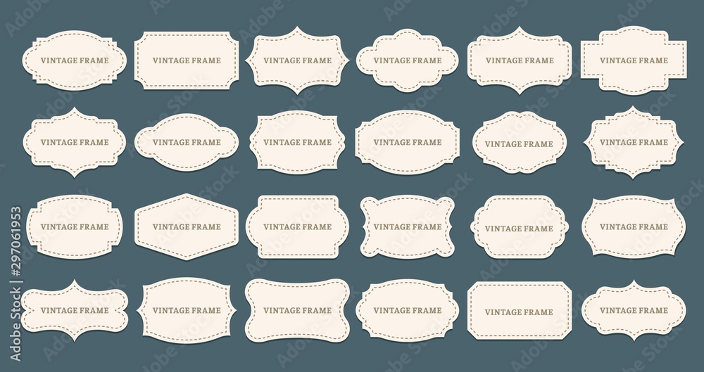 Vintage label frames. Old frame shapes, decorative label and retro shape. Luxury premium tag, elegant sticker sign or royal wedding logo. Isolated vector symbols set