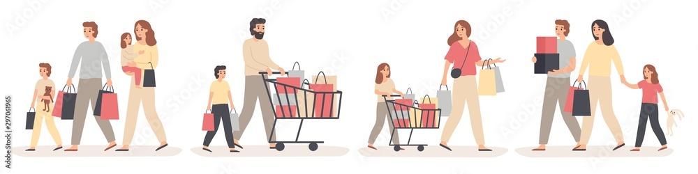 Family shopping. Parents buy gifts for happy kids, young couple with children in store and family sale. Character with purchase bag, family food purchasing. Isolated vector illustration icons set Family shopping. Parents buy gifts for happy kids, young couple with children in store and family sale. Character with purchase bag, family food purchasing. Isolated vector illustration icons set