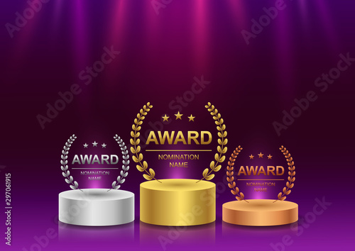 Set of gold, silver and bronze, Award sign with purple background. Vector illustration photo