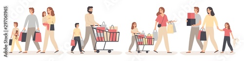 Family shopping. Parents buy gifts for happy kids, young couple with children in store and family sale. Character with purchase bag, family food purchasing. Isolated vector illustration icons set