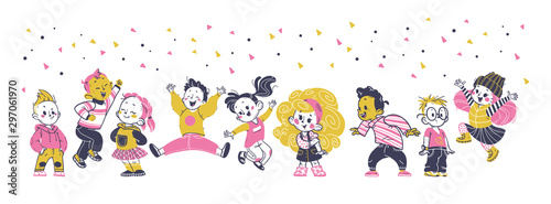 Group of happy little boys and girls with confetti jumping, celebrating isolated on white background. Children on the move. Kids zone, room, birthday party concept. Vector illustration.