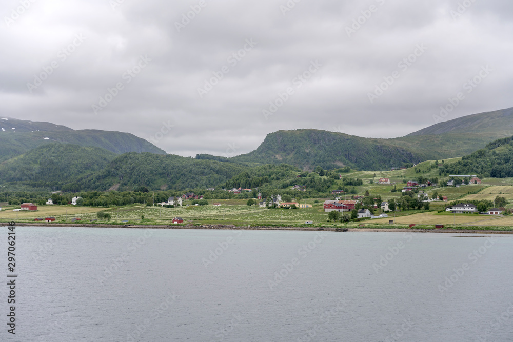 houses on blossoming meadows near Reinsnes, Norway houses on blossoming meadows near Reinsnes, Norway