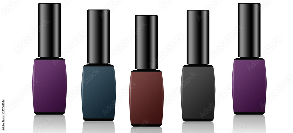 Set of five bottles of nail polish in different colors, illustration of varnishes in violet, brown, black and dark blue colours, choosing color for manicure, selection of enamels on white background.