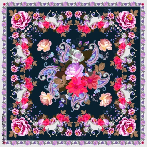 Beautiful shawl with white horses, paisley and bouquets of garden flowers.