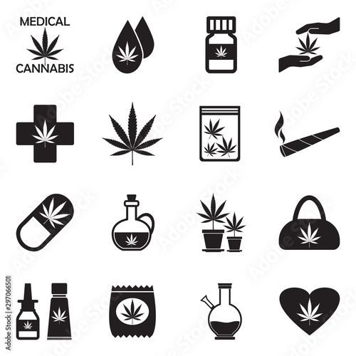 Medical Marijuana Icons. Black Flat Design. Vector Illustration.