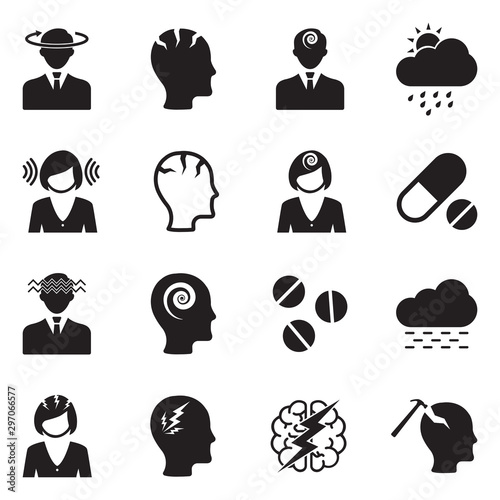 Migraine And Headache Icons. Black Flat Design. Vector Illustration. 
