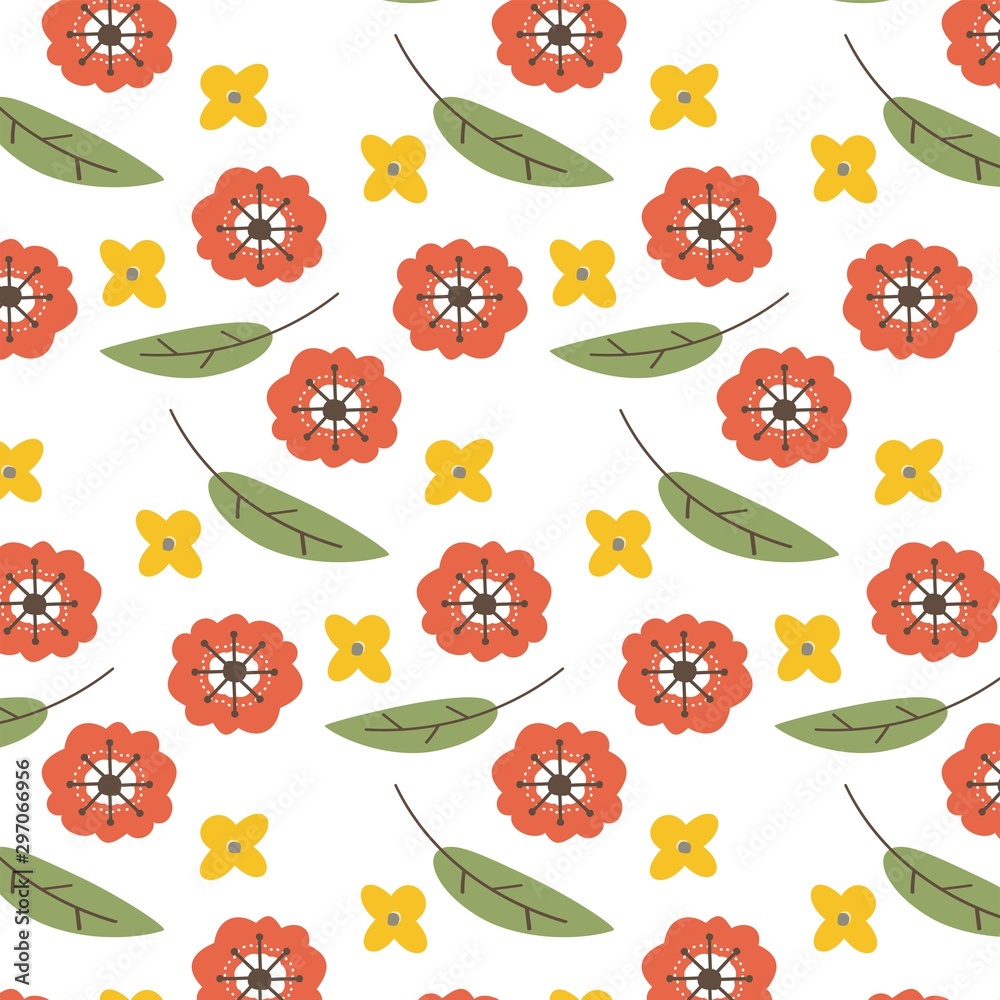 赤とオレンジの花と葉っぱのパターン壁紙 Stock Vector Adobe Stock