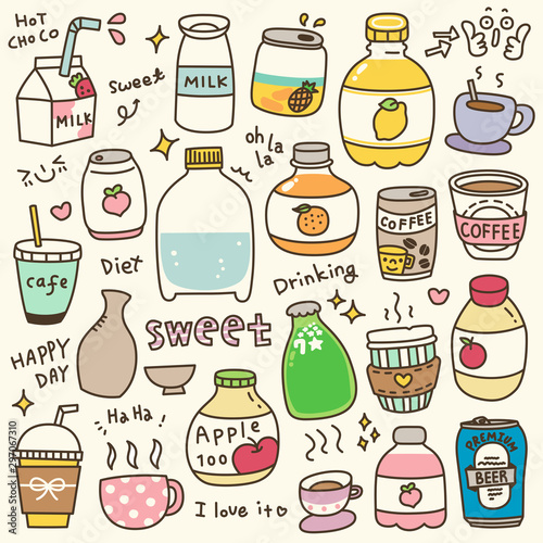 Set of Cute Beverages Doodle. Hand Drawn. Vector Illustration.