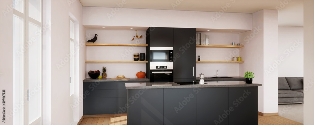 vue 3d cuisine noire avec ilôt central en granit