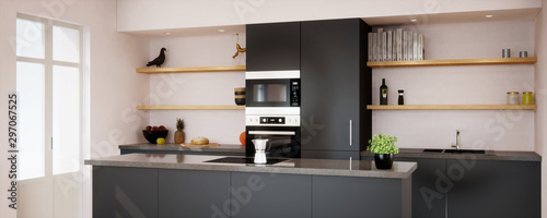 vue 3d cuisine noire avec il  t central en granit 02