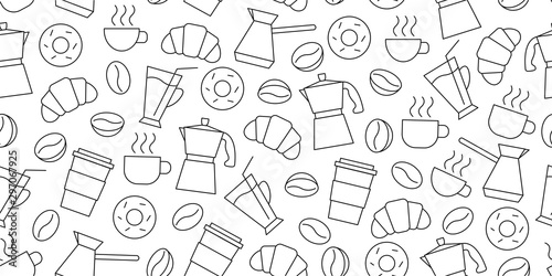 Shopping seamless pattern of line icons of coffee beans, cups, donuts, croissants, Cezve, coffee to go, package or fabric cover © marynaionova