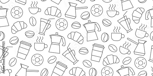 Shopping seamless pattern of line icons of coffee beans, cups, donuts, croissants, Cezve, coffee to go, package or fabric cover