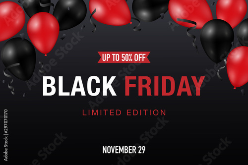 Black Friday sale banner with shiny red and black balloons on dark background. Vector promo design.
