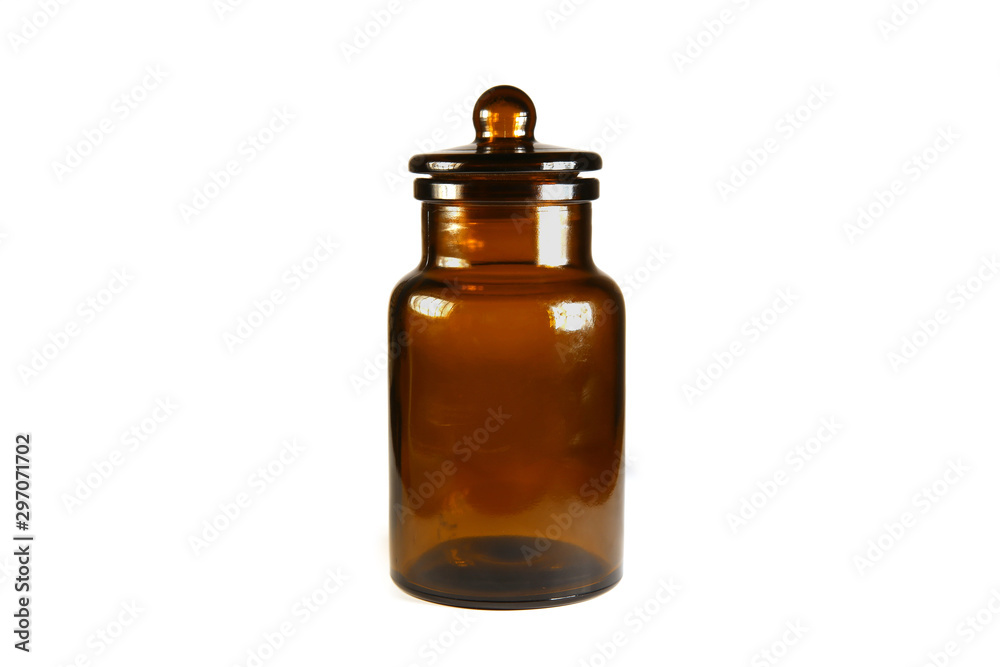 Glass bottle with stopper isolated on white background. Vintage brown empty glass bottle.. Glass bottle with stopper isolated on white background. Vintage brown empty glass bottle..